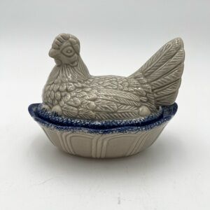 Ceramic Hen Covered Dish - Gray and Blue